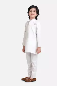 BownBee Stand Collar Cotton Kurta pajama-White
