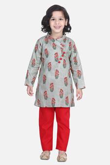 BownBee Floral Print Cotton Kurta Pajama- Gray