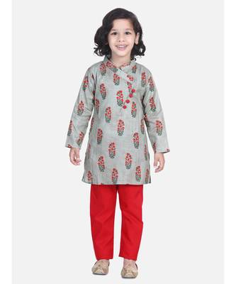 BownBee Floral Print Cotton Kurta Pajama- Gray 1