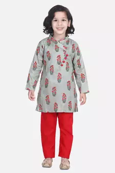 BownBee Floral Print Cotton Kurta Pajama- Gray