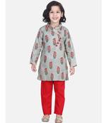 BownBee Floral Print Cotton Kurta Pajama- Gray