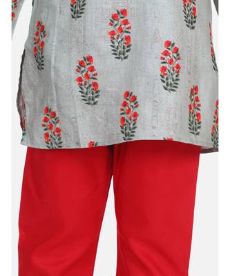 BownBee Floral Print Cotton Kurta Pajama- Gray 2