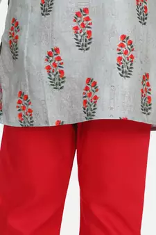 BownBee Floral Print Cotton Kurta Pajama- Gray