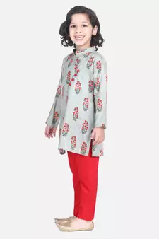 BownBee Floral Print Cotton Kurta Pajama- Gray