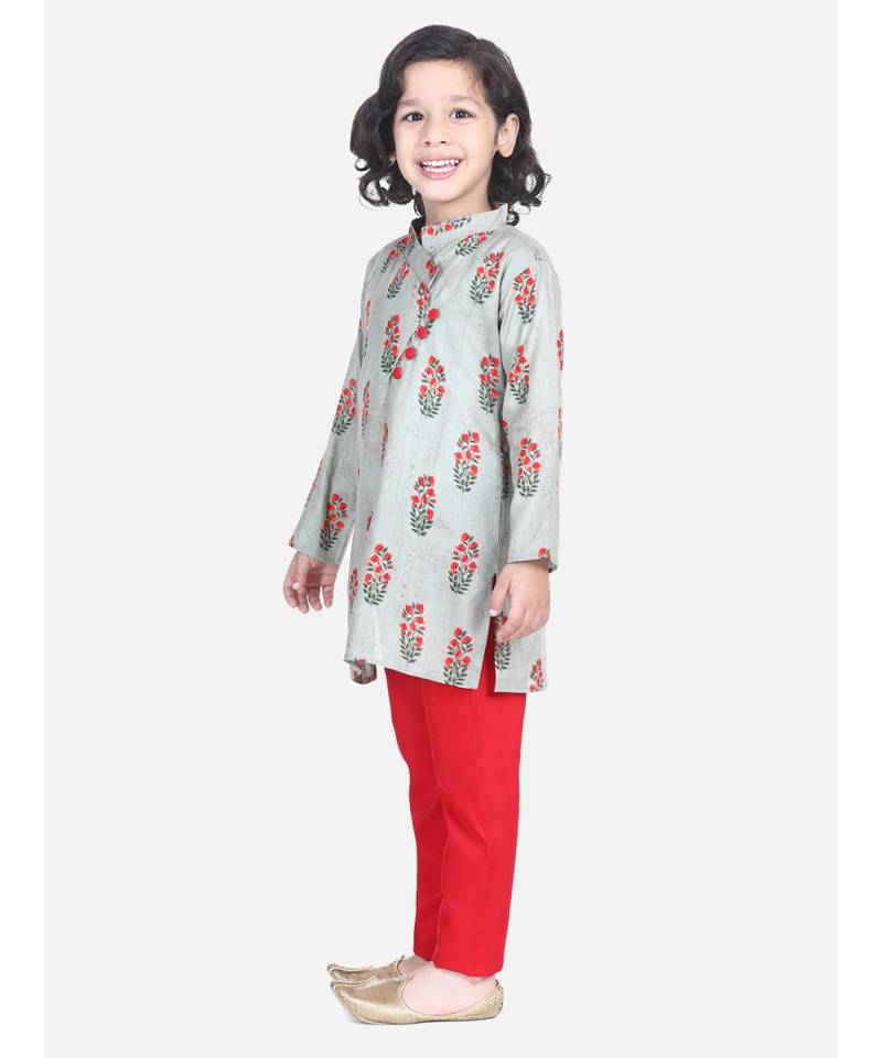 BownBee Floral Print Cotton Kurta Pajama- Gray
