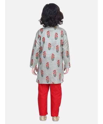 BownBee Floral Print Cotton Kurta Pajama- Gray 4