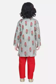 BownBee Floral Print Cotton Kurta Pajama- Gray