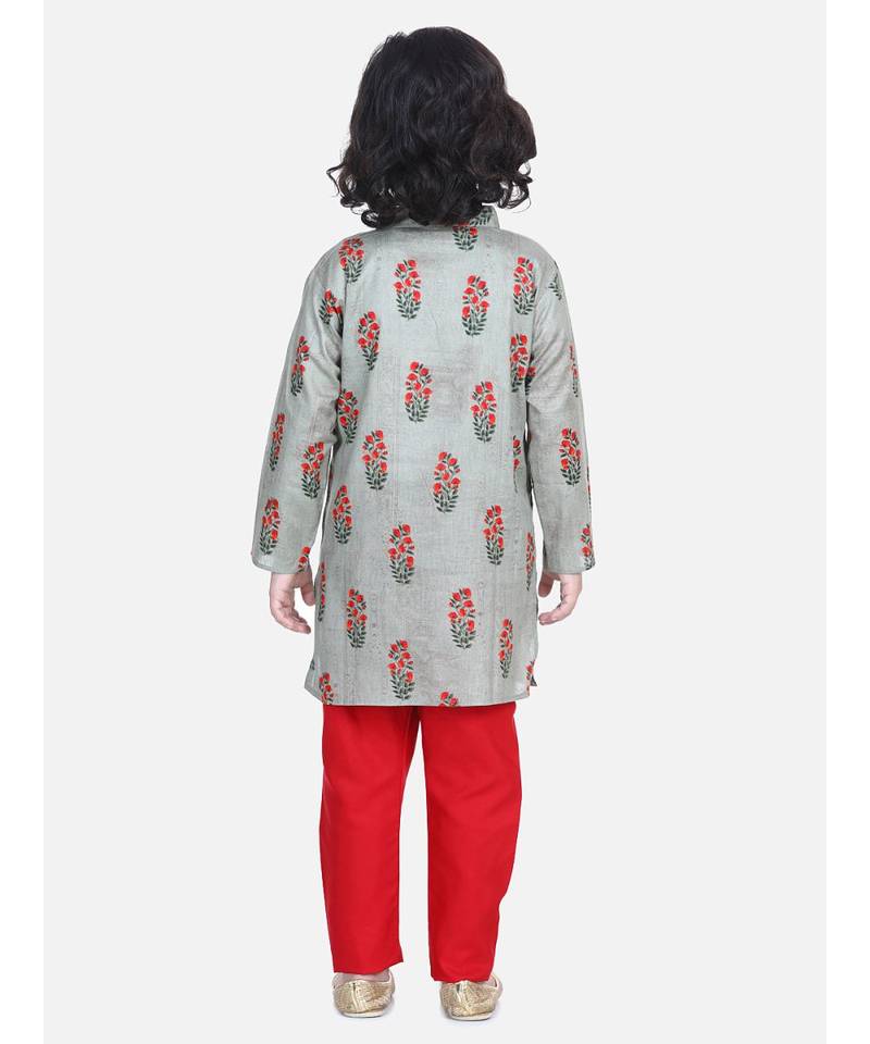 BownBee Floral Print Cotton Kurta Pajama- Gray