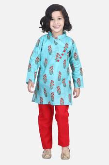 BownBee Floral Print Cotton Kurta Pajama- Green