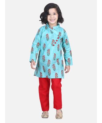 BownBee Floral Print Cotton Kurta Pajama- Green 1