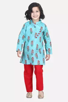 BownBee Floral Print Cotton Kurta Pajama- Green