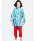 BownBee Floral Print Cotton Kurta Pajama- Green