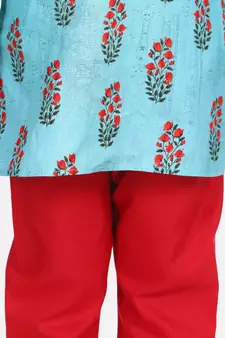 BownBee Floral Print Cotton Kurta Pajama- Green