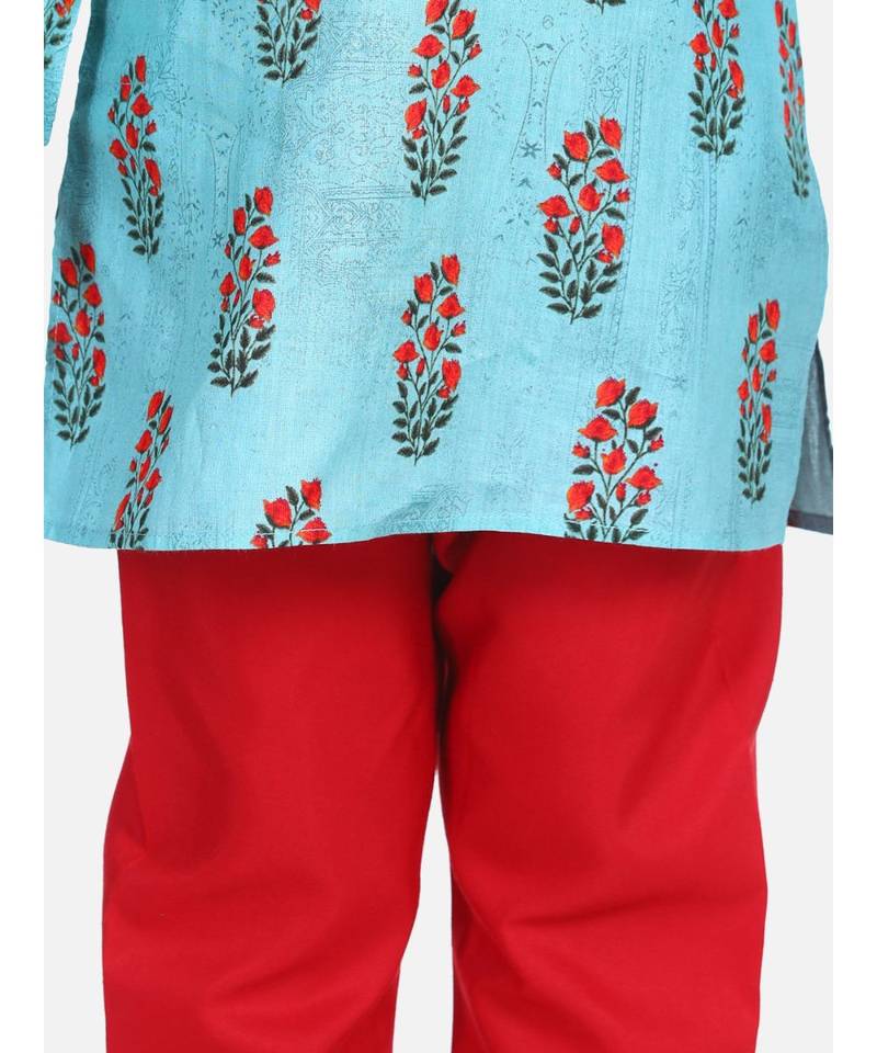 BownBee Floral Print Cotton Kurta Pajama- Green