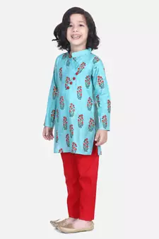 BownBee Floral Print Cotton Kurta Pajama- Green