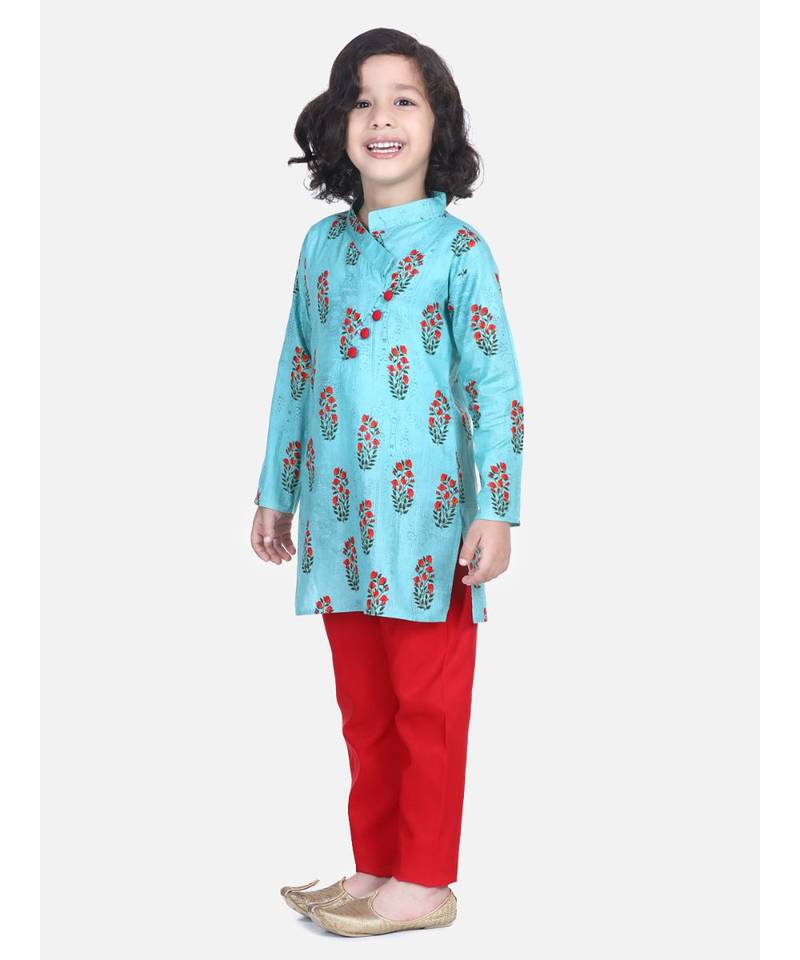 BownBee Floral Print Cotton Kurta Pajama- Green