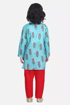 BownBee Floral Print Cotton Kurta Pajama- Green