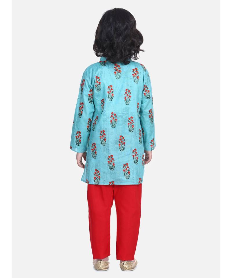 BownBee Floral Print Cotton Kurta Pajama- Green
