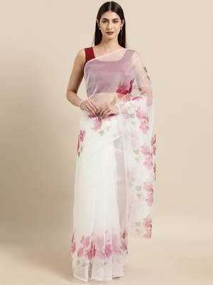 Off white printed organza saree with blouse 1