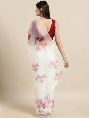 Off white printed organza saree with blouse 2