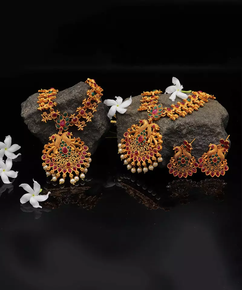 Temple Jewellery Matte Finish Necklace Sets For Women