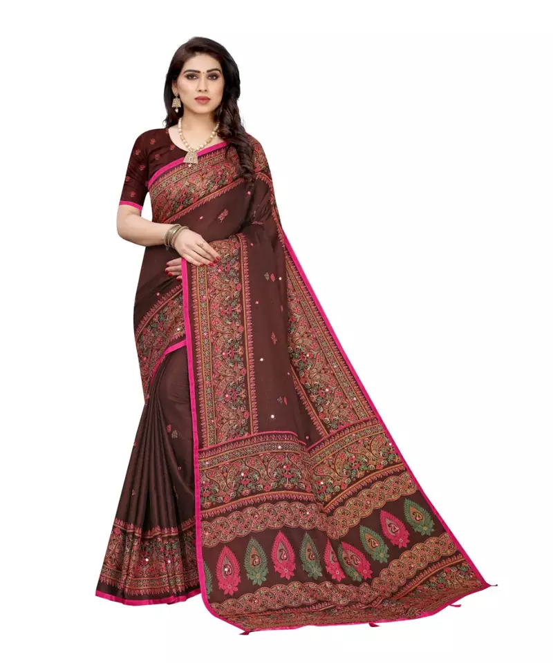 Brown Art Silk   Embroidered    Saree With Blouse For Women
