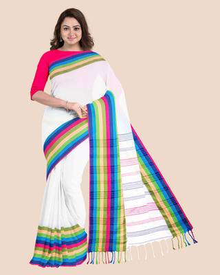 Handwoven Pure Khadi White BegumPuri Multicolor Mahapaar Saree with Blouse Piece 1