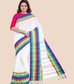 Handwoven Pure Khadi White BegumPuri Multicolor Mahapaar Saree with Blouse Piece