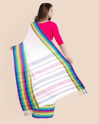 Handwoven Pure Khadi White BegumPuri Multicolor Mahapaar Saree with Blouse Piece 2