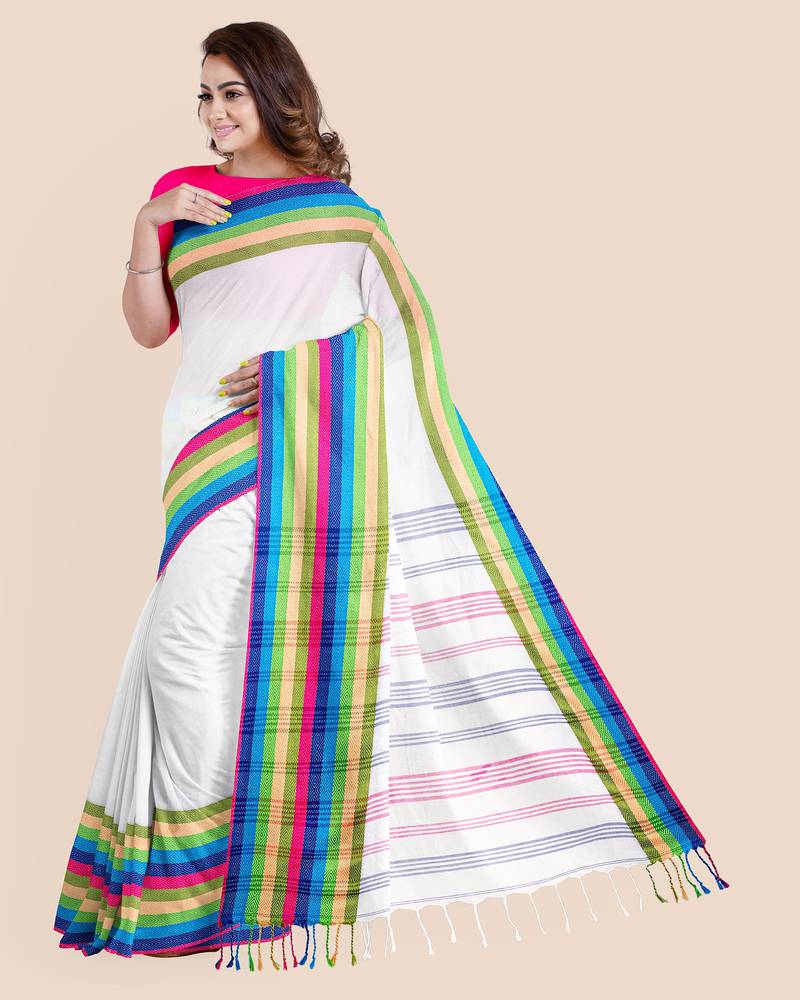 Handwoven Pure Khadi White BegumPuri Multicolor Mahapaar Saree with Blouse Piece