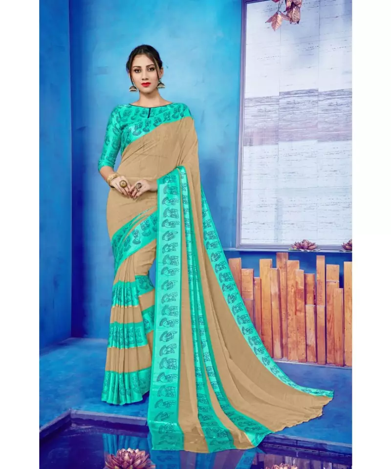 Beige Georgette    Printed  Saree With Blouse For Women