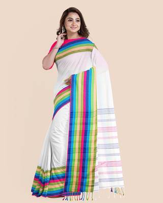 Handwoven Pure Khadi White BegumPuri Multicolor Mahapaar Saree with Blouse Piece 4