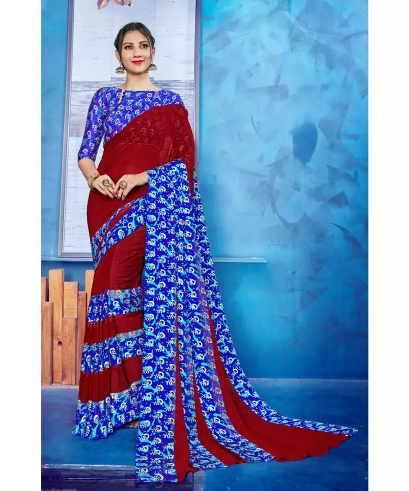 Red Georgette    Printed  Saree With Blouse For Women