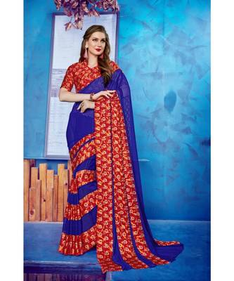 Blue Georgette    Printed  Saree With Blouse For Women 1