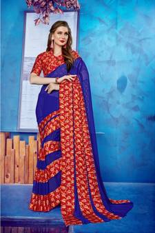 Blue Georgette    Printed  Saree With Blouse For Women