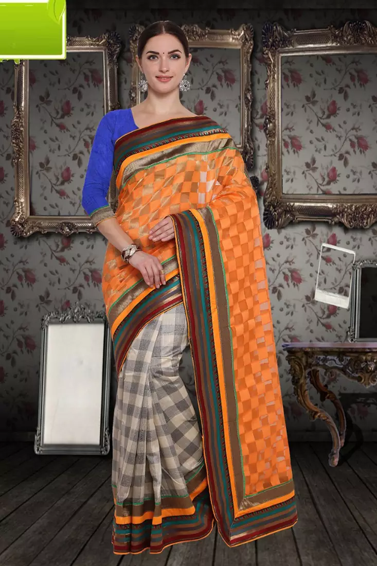 Orange Cotton    Brasso Saree With Blouse For Women