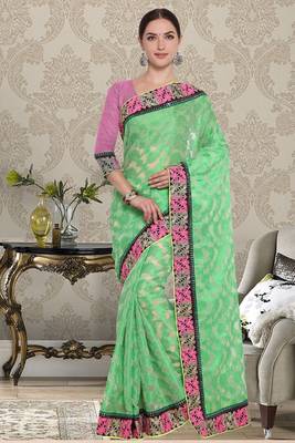 Green Cotton    Brasso Saree With Blouse For Women 1