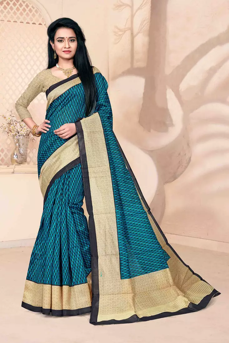 Blue Art Silk    Printed  Saree With Blouse For Women