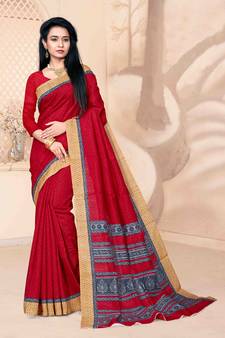 Red Art Silk    Printed  Saree With Blouse For Women