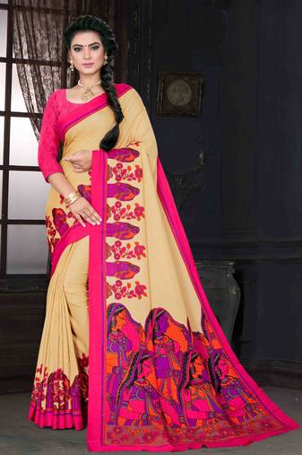 Beige Art Silk    Printed  Saree With Blouse For Women