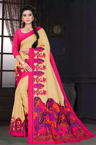 Beige Art Silk    Printed  Saree With Blouse For Women