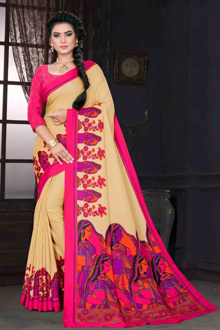 Beige Art Silk    Printed  Saree With Blouse For Women