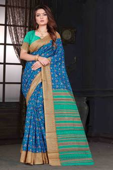 Blue Art Silk    Printed  Saree With Blouse For Women