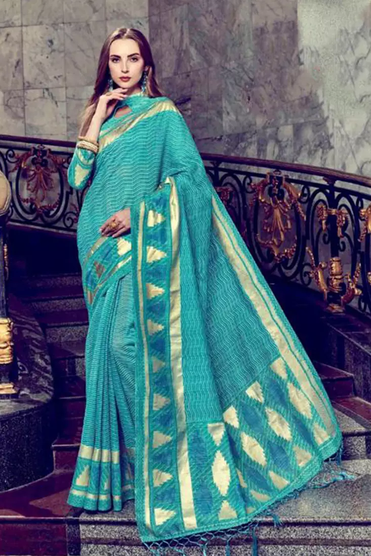 Blue Art Silk    Printed  Saree With Blouse For Women