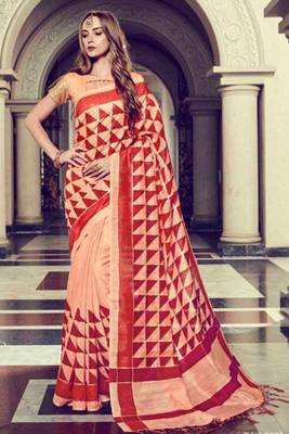 Peach Art Silk    Printed  Saree With Blouse For Women 1