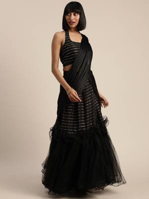 Black plain net saree with blouse 1