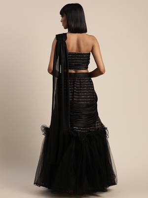 Black plain net saree with blouse 2