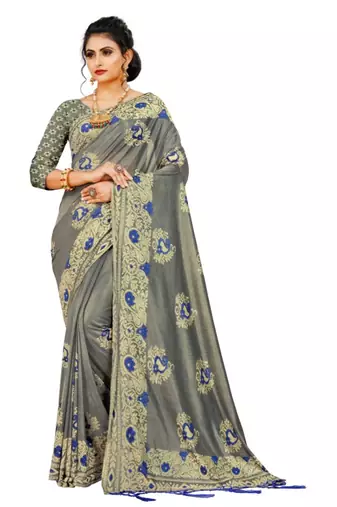 Grey Art Silk   Embroidered    Saree With Blouse For Women