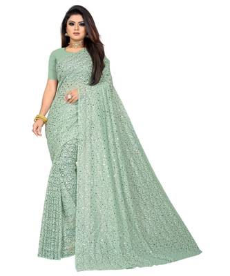 Green Georgette    Embroidered    Saree With Blouse For Women 1