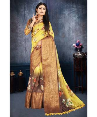 Yellow Art Silk   Printed  Saree With Blouse For Women 1